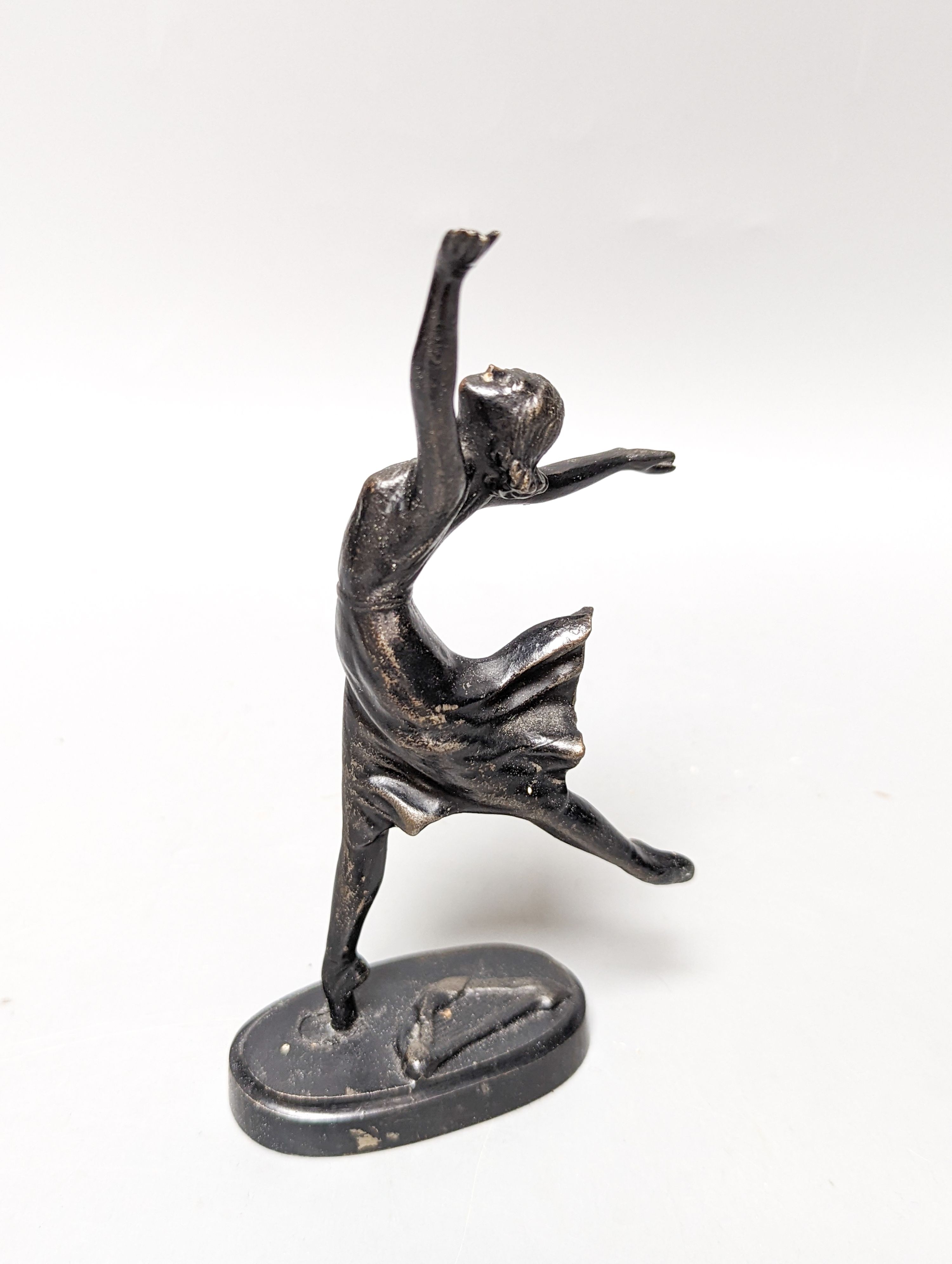 A WMF pewter teapot, an early 20th century bronze of Venus with dolphin, 2 other figures and a WMF style figural desk stand 36cm